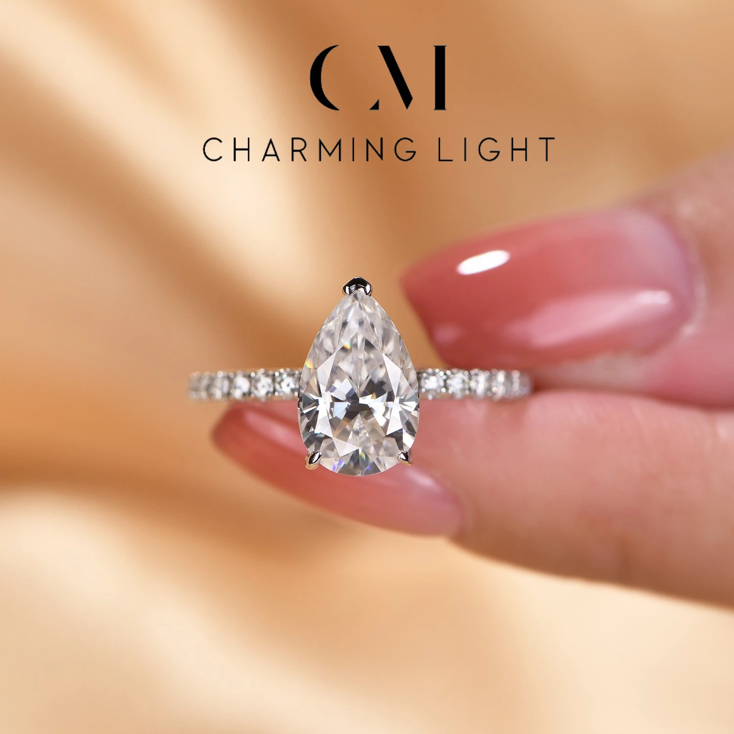 

CHARMING 3.0ct Classic Jewelry Moissanite Diamond Ring Pear Cut 925 Sterling Silver For Women Pass Diamond Test Engagement Gifts
