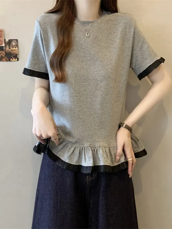 

plus Size 300 Pounds Slimming Floral Trim Splice Short Sleeve round Neck T-Shirt Women Summer Slimming Top Korean Style Loose...