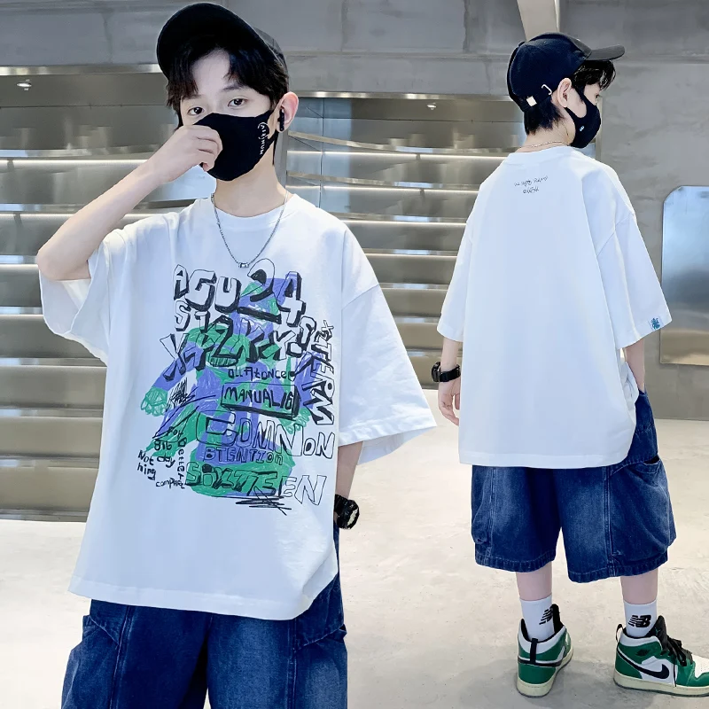 Kids New Summer Clothing Letter Print Cotton T-shirt for Tweens Boys Age 5 6 7 8 9 10 11 12 13 14 Years Child Casual Tshirt Tops