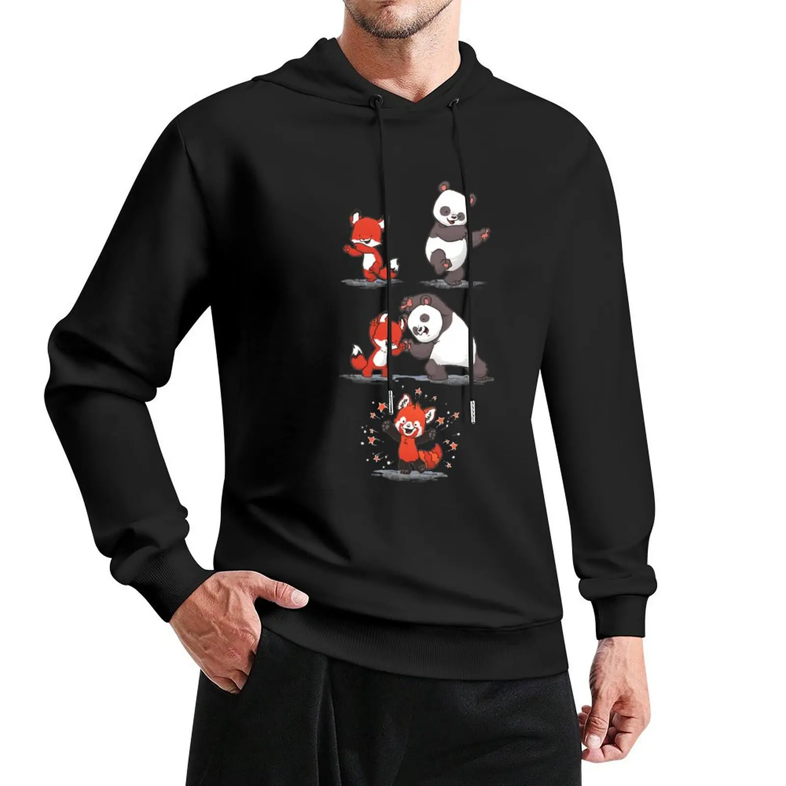 Panda and Red Fox Fusion Pullover Hoodie korean autumn clothes tracksuit men