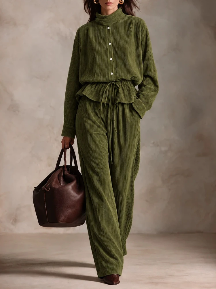 Conjunto de 2 Piezas de Pana Vintage para Mujer, Otoño Invierno 2026, Camisa Holgada de Manga Larga + Pantalones Anchos, Atuendo Casual