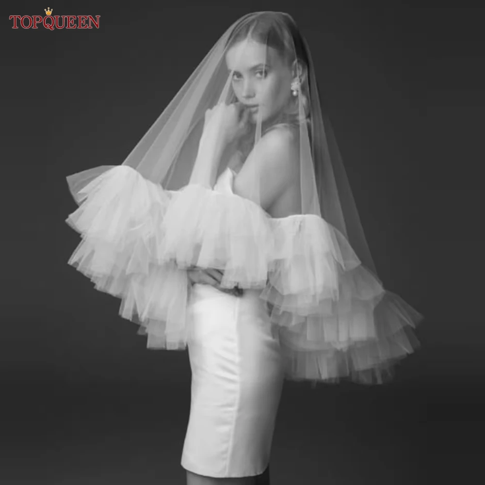 TOPQUEEN Short Romantic Wedding Veil 2 layers Bridal Veils Cover Face Tactical Halloween Integrated Bonnet Veil Fingertip V183