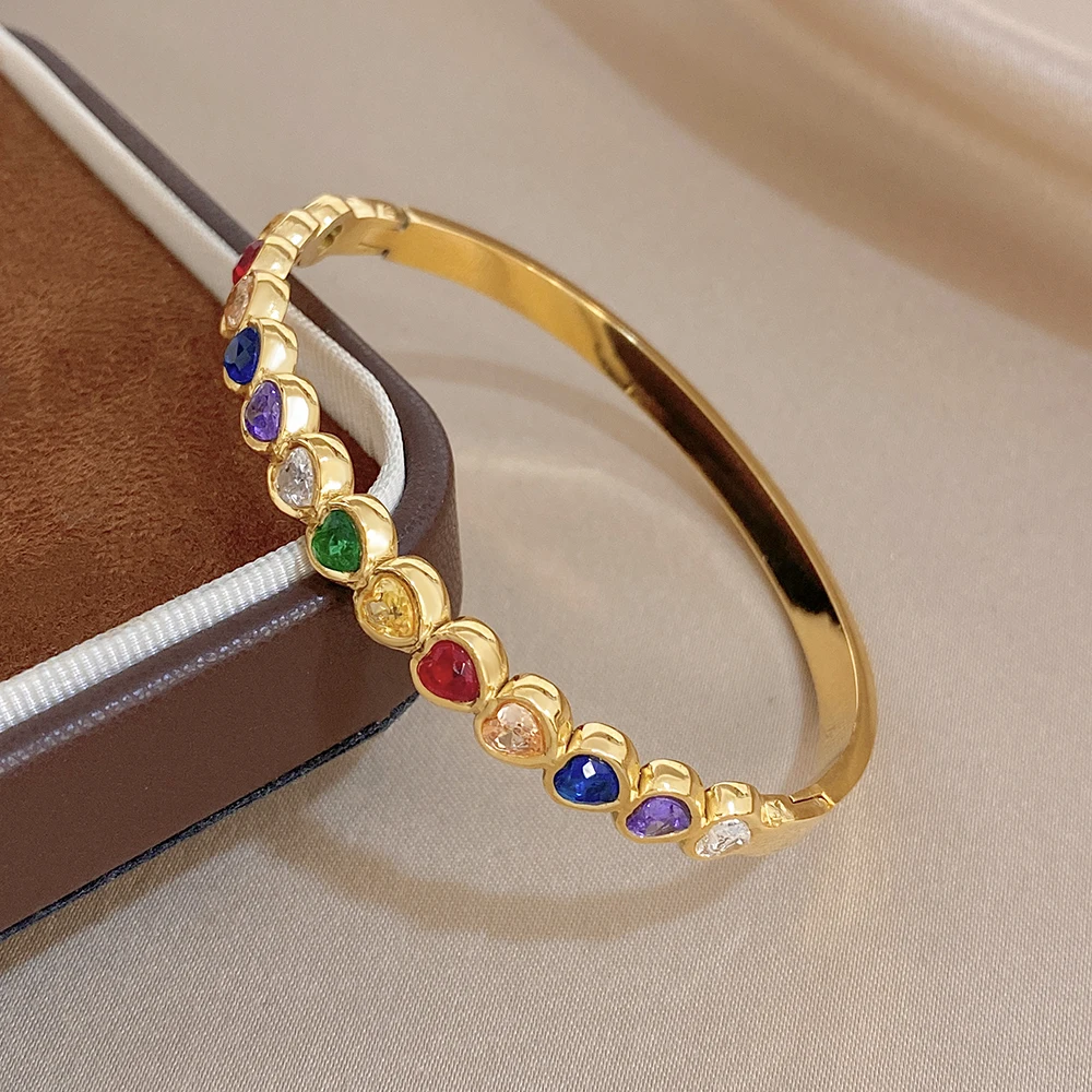 

Romantic Heart Spliced Stainless Steel Bangle for Women Colorful Rhinestone Waterproof Spring Bracelet Valentine's Day Jewelry