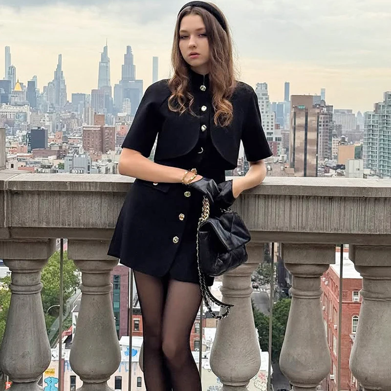 Typhaland Elegant Commuting Buttons Dress With Shawl  Slim Short Sleeve Black Mini Dress 2026 Sping Summer Chic Dress High Waist