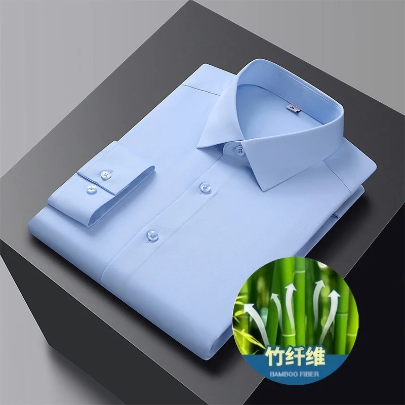 Quality Men Shirt Bamboo Fiber Long Sleeve Anti-wrinkle Non-ironing Slim Fashion Casual Business Office White Dress Shirt S-4XL