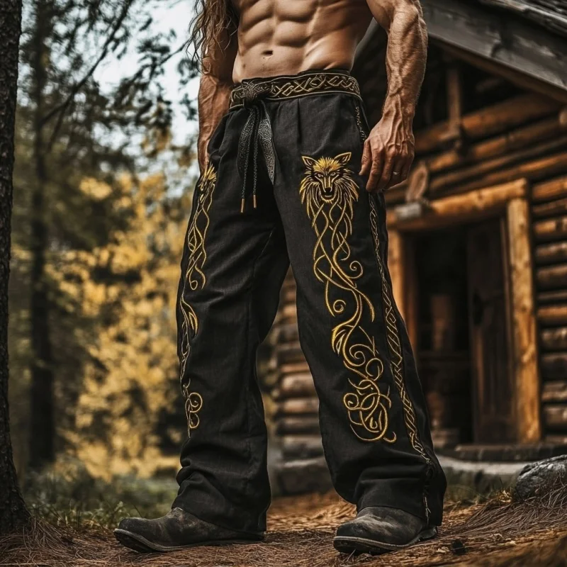 Men's Viking retro Nordic mythology Celtic knot stripe 3D printed autumn casual straight leg pants beach pants S-5XL