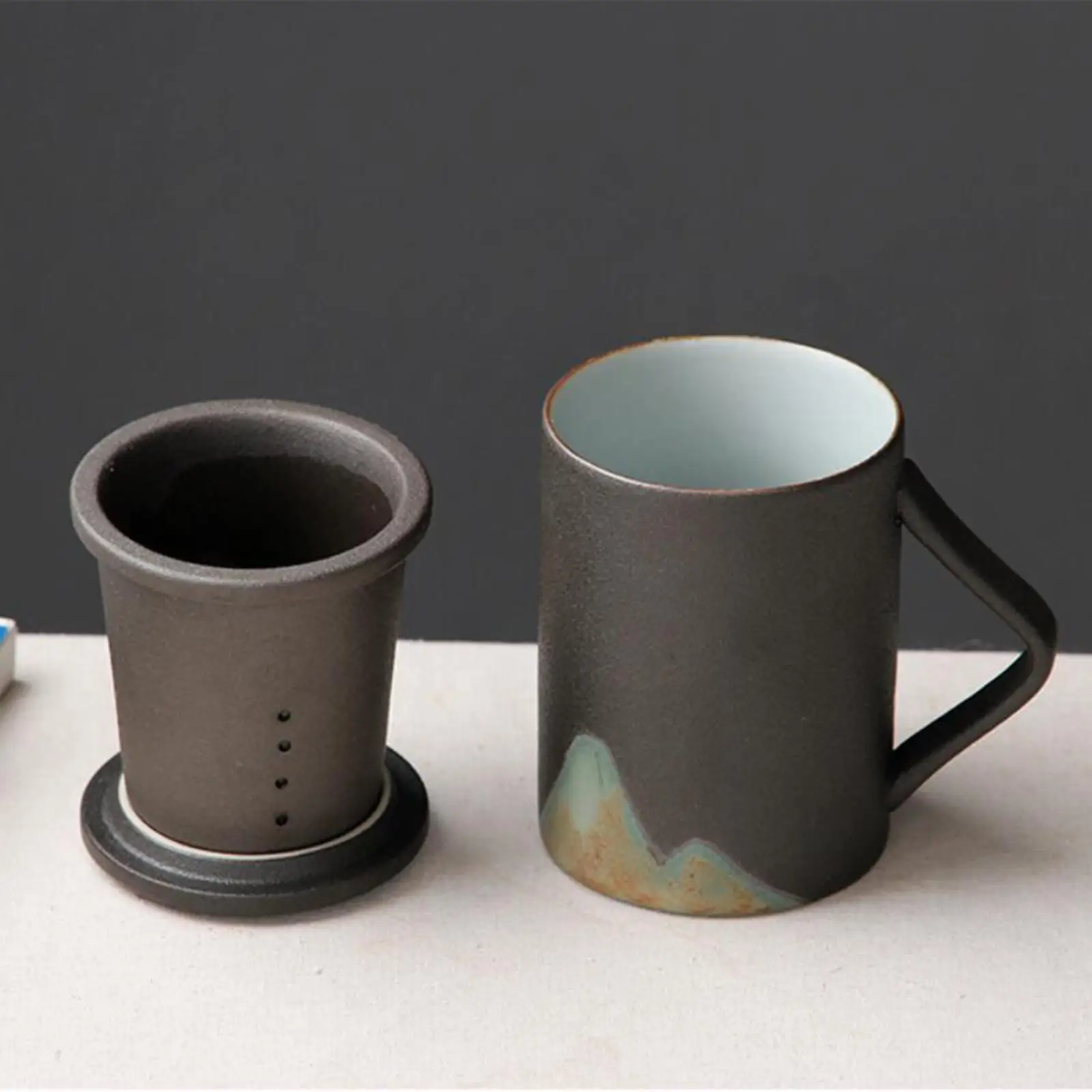 Traditional Ceramic Tea Mug with Infuser Lid and Handle, Cup for Tea Brewing,