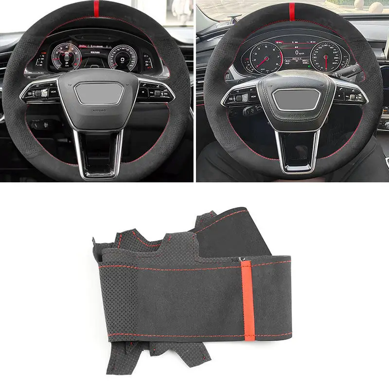 For Audi A6 S6 C8/4K A7 4K8 2018-2022 A8 S8 D5/4N 2022 E-Tron O Shape Suede Leather Car Steering Wheel Cover Trim Red Line Strip