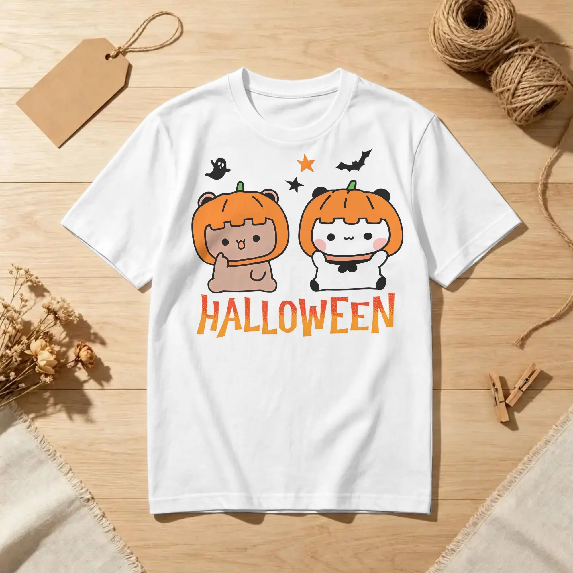 Men Women's T-Shirts Bubu Dudu Halloween Cute Vintage 100% Cotton Tee Shirt Pumpkins Bats Panda T Shirts Crewneck Clothing