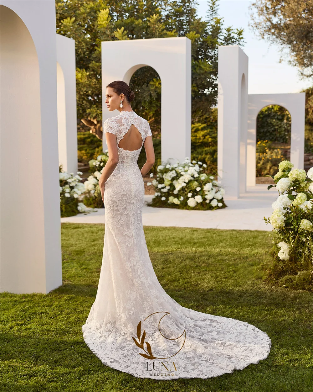 Luna Customized High Neck Lace Fitted Wedding Dress With Sleeves Court Train Full Lace Luxury Bridal Gown Vestido De Novia