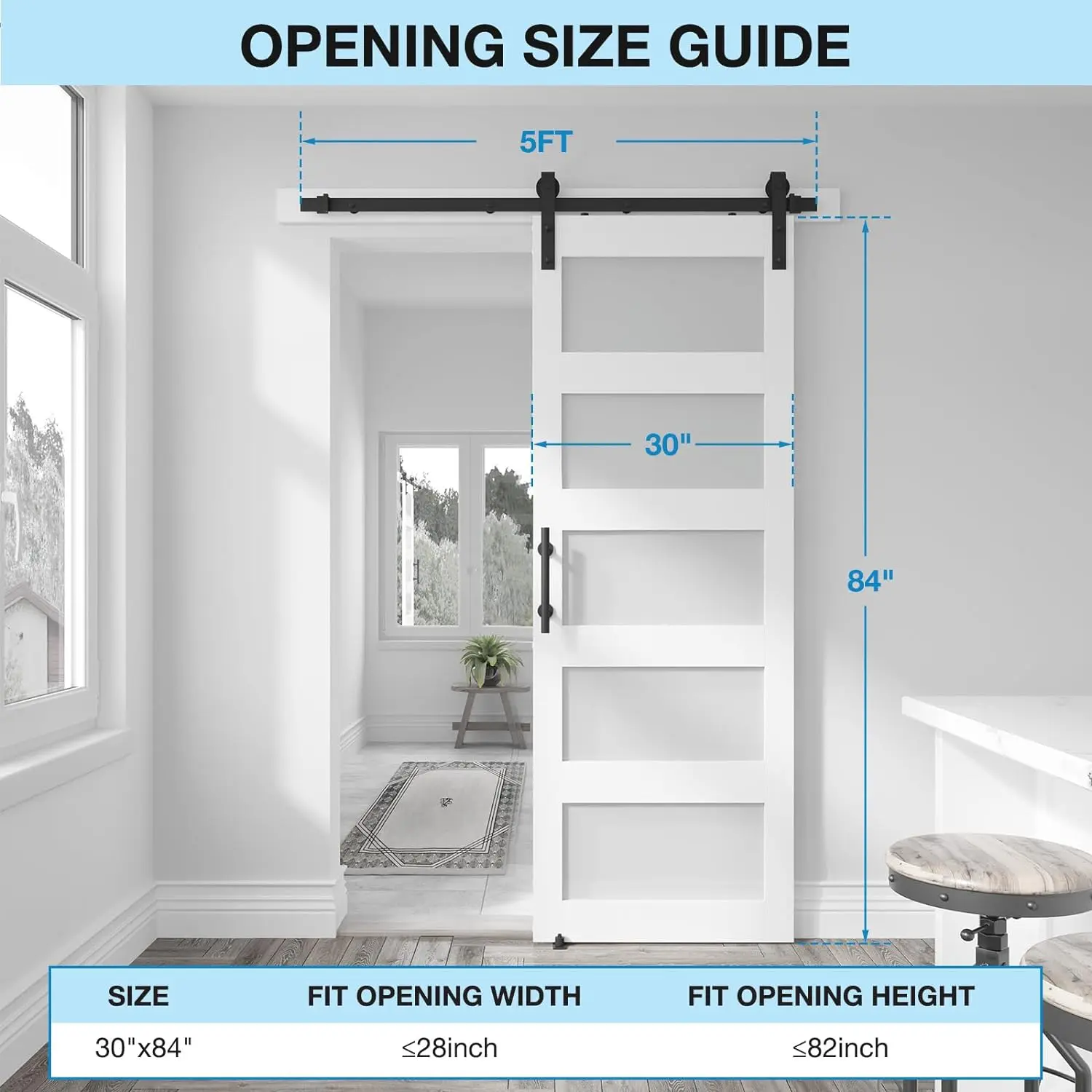 30in x 84in 5-Panel Sliding Glass Barn Door with 5ft Hardware Kit Included, Easy Assembly with Pre-Drilled Holes,