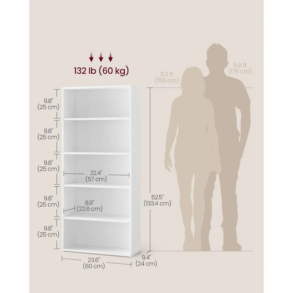 5-Tier Bookcase - Open Storage Shelf, 9.4 x 23.6 x 52.5 Inches, Ideal for Living Room, Home Office, Dining Room in Cloud White