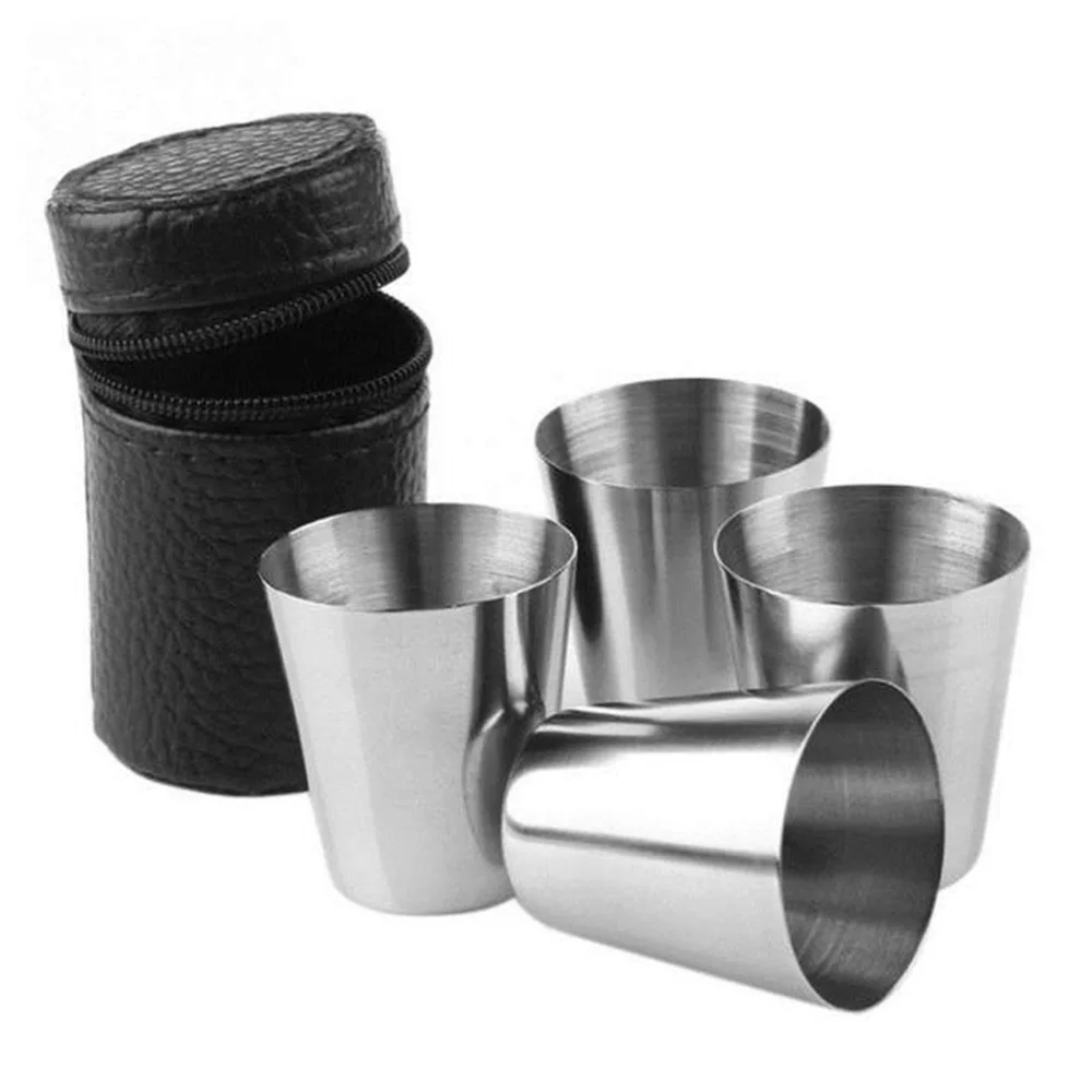 70ML Mini Stainless Steel Cups Set Outdoor Travel Shot Glasses Whisky Wine Cups with PU Leather Storage Bag Portable Drinkware