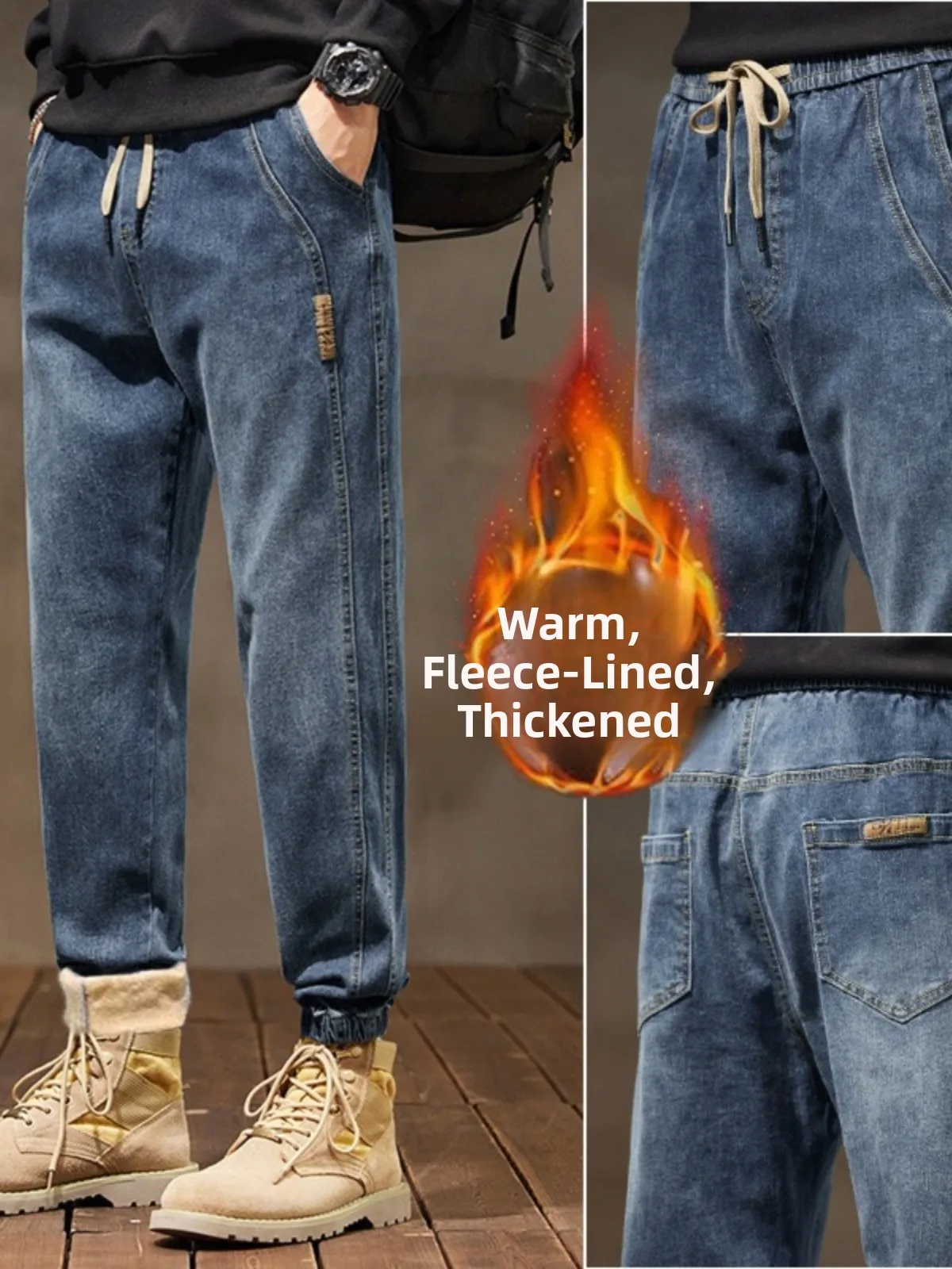 Men's Fce Lined Thi Denim Jeans Casual Warm Winter Harem Sle Long Trousers Dstring Waist Japanese Retro Sle