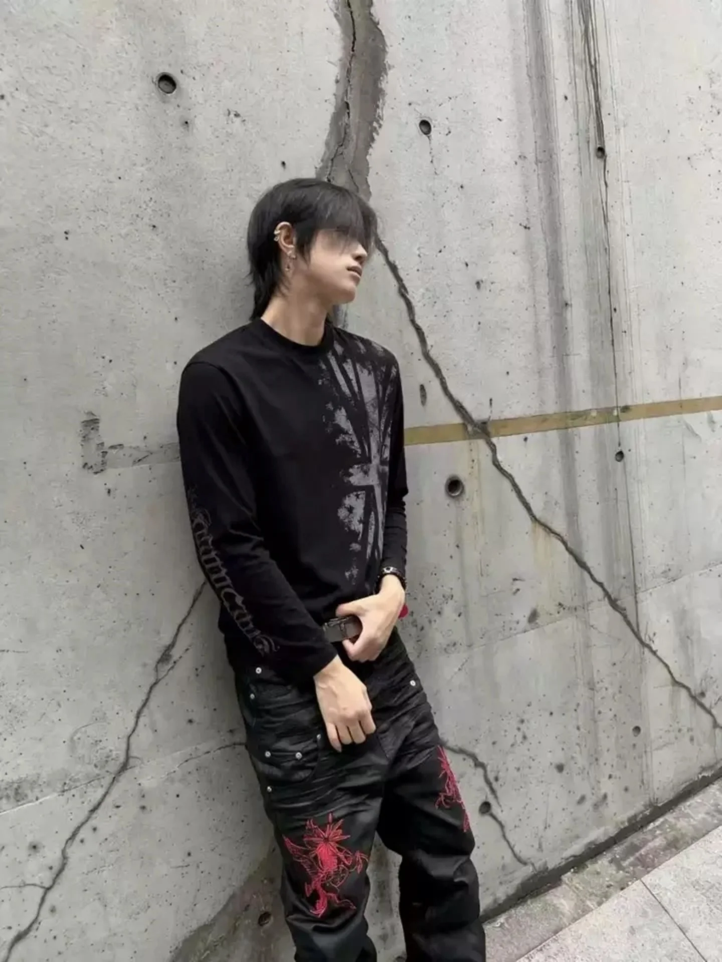 Vintage Punk Long Sleeve T-Shirt Men's Slim Fit Street Style Dark Core Print round Neck Casual Top for Spring Autumn