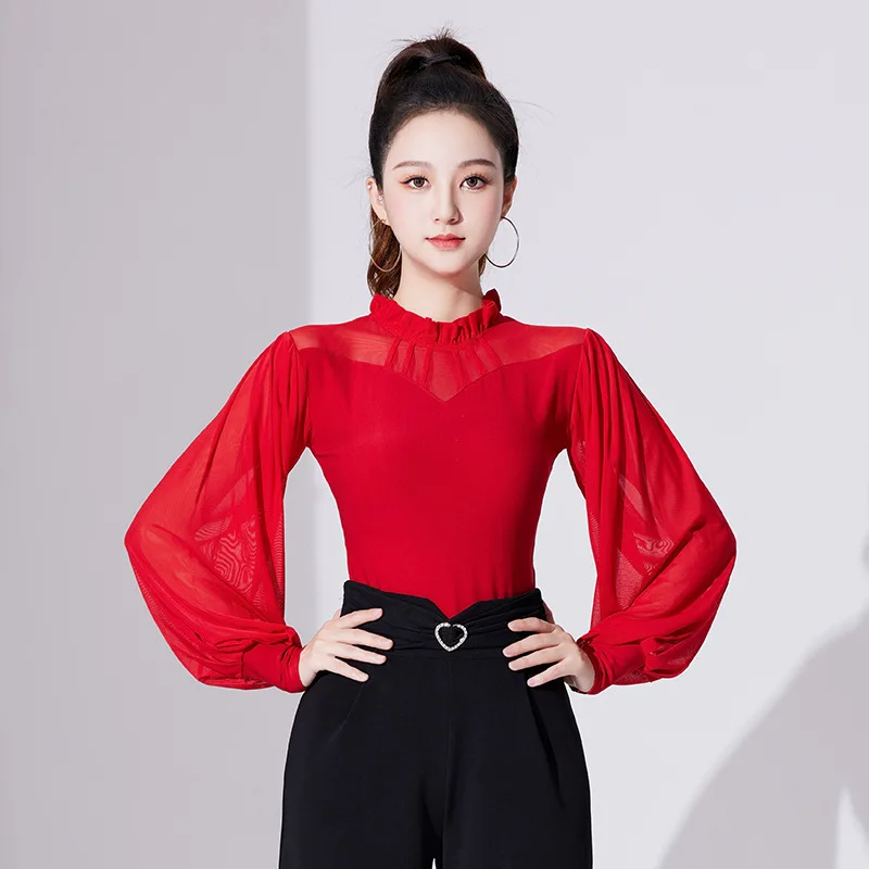 Solid Color Latin Dance Practice Long Sleeves Tops for Prom Line Costume Jazz Lace Patchwork Competition Classical Samba Rompers
