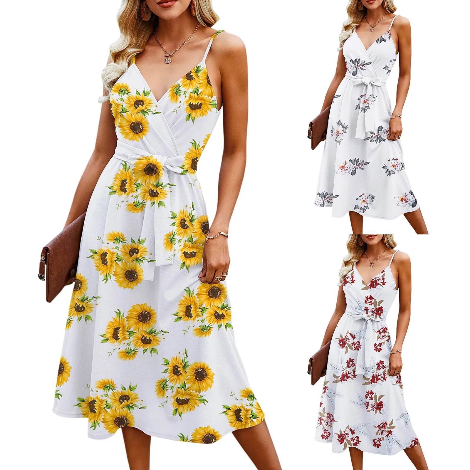 

Summer Fashion Bohemian Style Printed Dress Sexy V Neck Sleeveless Halter Party Dress Beach Holiday Slim Women's Long Sundress