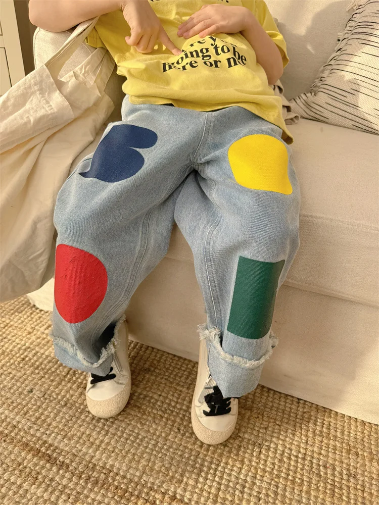 2024 Spring New Children Loose Jeans Baby Girl Color Printing Casual Pants Toddler Boy Harem Pants Kids Versatile Denim Trousers