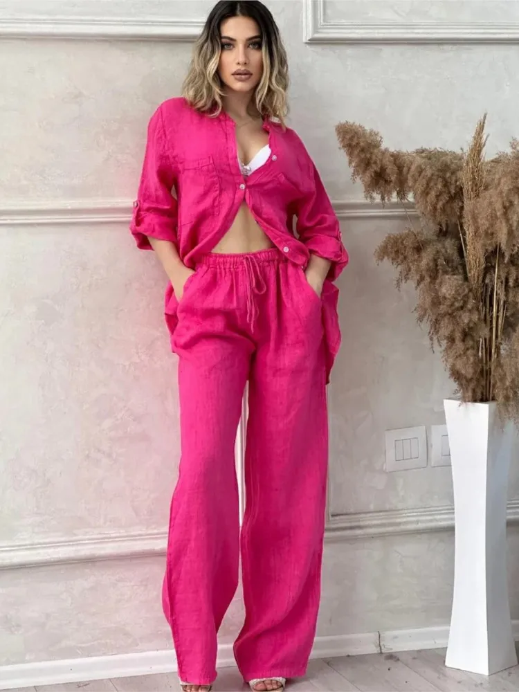 Spring Autumn Two Piece Sets 2024 Women Casual Long Sleeve Pocket Shirts 2 Piece Set Fashion Loose Wide Leg Pants Suit Outfites