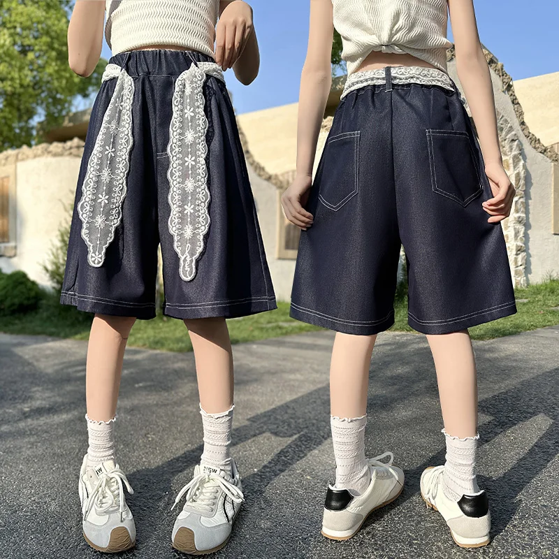 

Luxury Vintage Blue Kids Child Gothic y2k Tencel Shorts With Lace Drawstring For Girls Casual Solid Color Jeans Capris Age 5-14Y