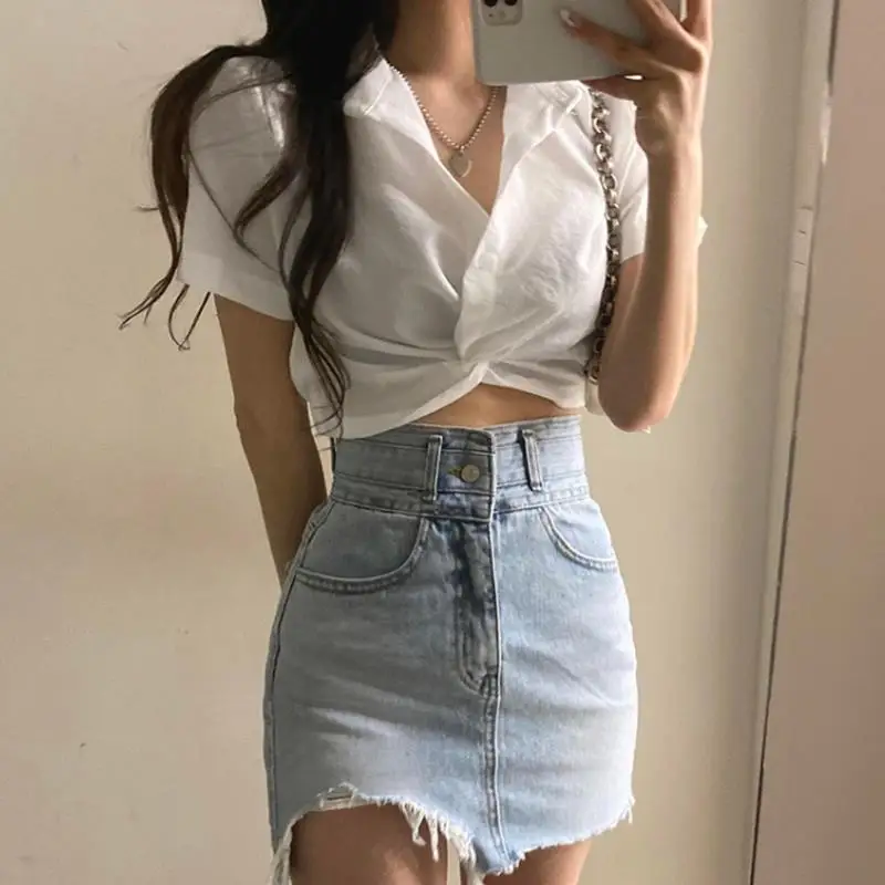 Korean Crops Sweet Shirts Women Summer Fashion Short Sleeve Simple Elegant Solid Basic All-match Harajuku Blusas Casual Clothes