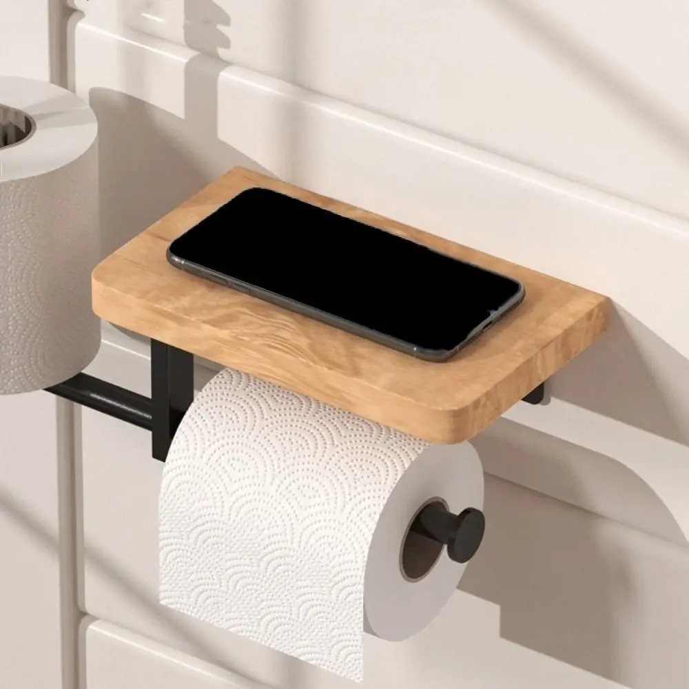 

Iron Toilet Paper Holder Tiered Design Wall Mounted Tissue Holder No-drill with Wooden Shelf Aromatherapy Storage Rack Bathroom