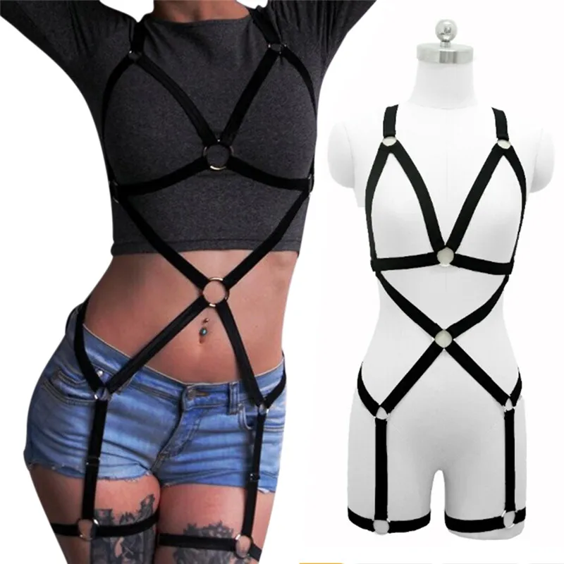 Women Full Body Harness Set Bondage Bra Suspenders Garter Thigh Harness Sexy Stocking Belt Fashion Girls Black Lingerie Bra Cage