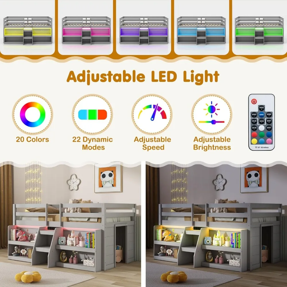 Tempat tidur loteng rendah dengan lampu LED, tempat tidur kembar kayu dengan tangga & pagar pengaman, dengan rak penyimpanan dan ruang bermain di bawah tempat tidur, abu-abu