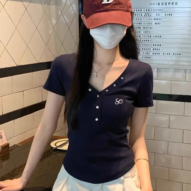 Summer women's clothing new street style navy blue versatile nail buckle slim and thin V-neck short-sleeved T-shirt women
