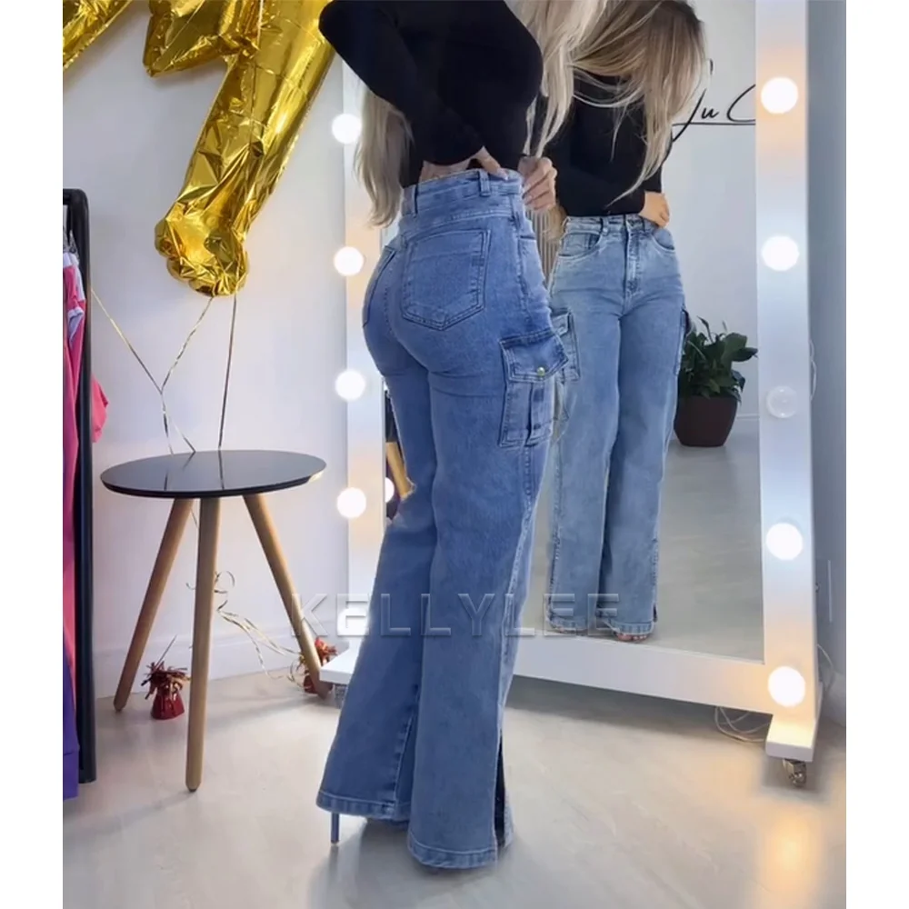 Jeans Cargo multitasche a vita alta alla moda pantaloni larghi alla moda di alta qualità avvolgere i fianchi pantaloni Casual quotidiani pantaloni da donna