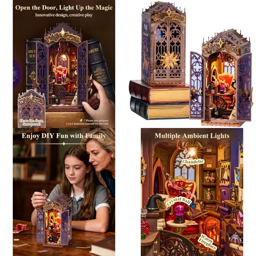

LED Book Nook Kit Magic Fantasy Corner, DIY Booknook Kit 3D Creative Decorative Bookend Bookshelf Insert, Halloween/Christmas D