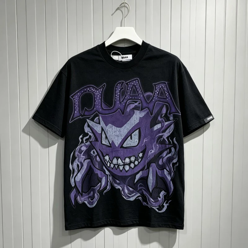 Vintage Washed Worn Black DUAA Tshirt Red Hotfix Rhinestone Letter Purple Graffiti Print Round Neck Short Sleeves Men Women