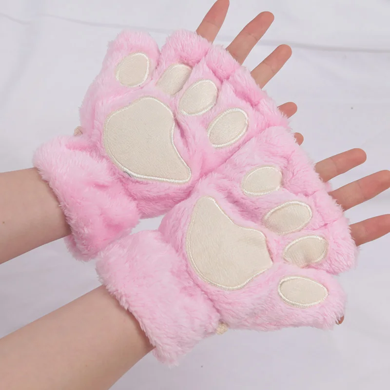 Frauen Cartoon Katze Klaue Handschuhe Verdickt Plüsch Schöne Stil Bärentatze Ausgesetzt Finger Halb Winter Fäustlinge Warme Mädchen Geschenk Handschuhe