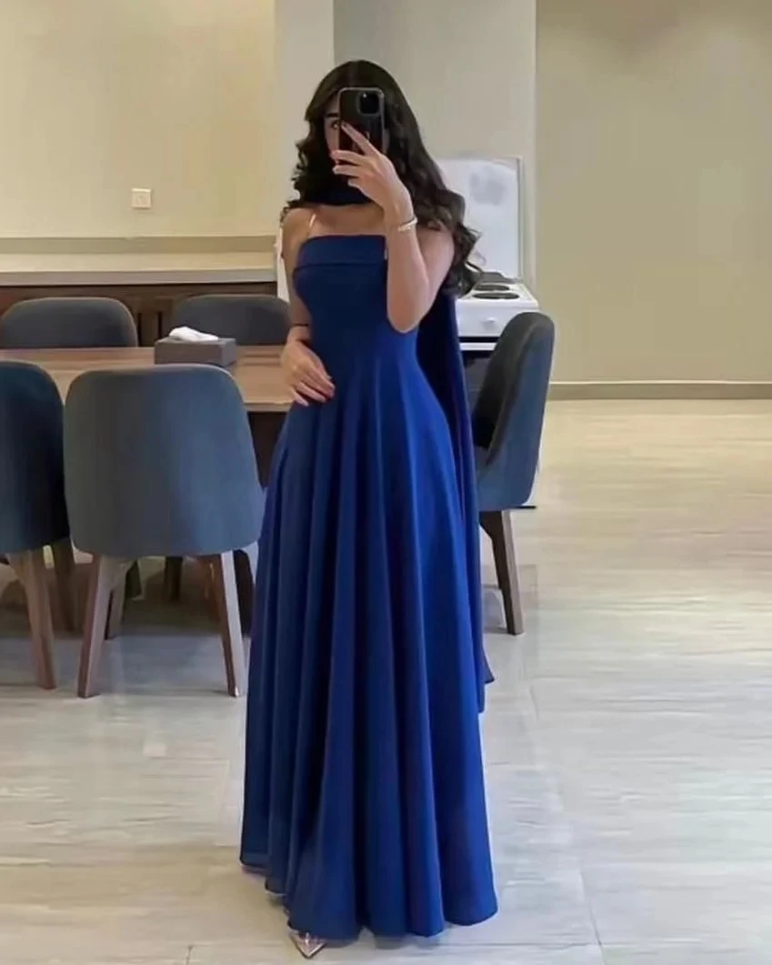 Romantic Royal Blue Satin Evening Dresses A-Line Strapless Off Shoulder Flowing Long Train Formal Party Dresses Custom Made