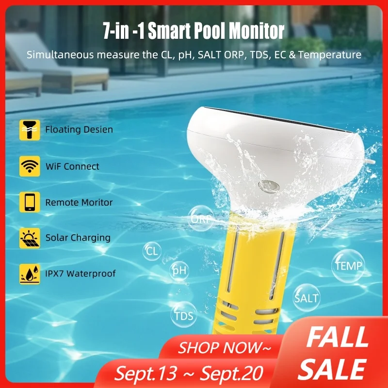 7 In 1 Tuya Zigbee Solar Water Quality Meter For Pool Testing Tester PH ORP Total Dissolved Solids Salinity Temp & Chlorine