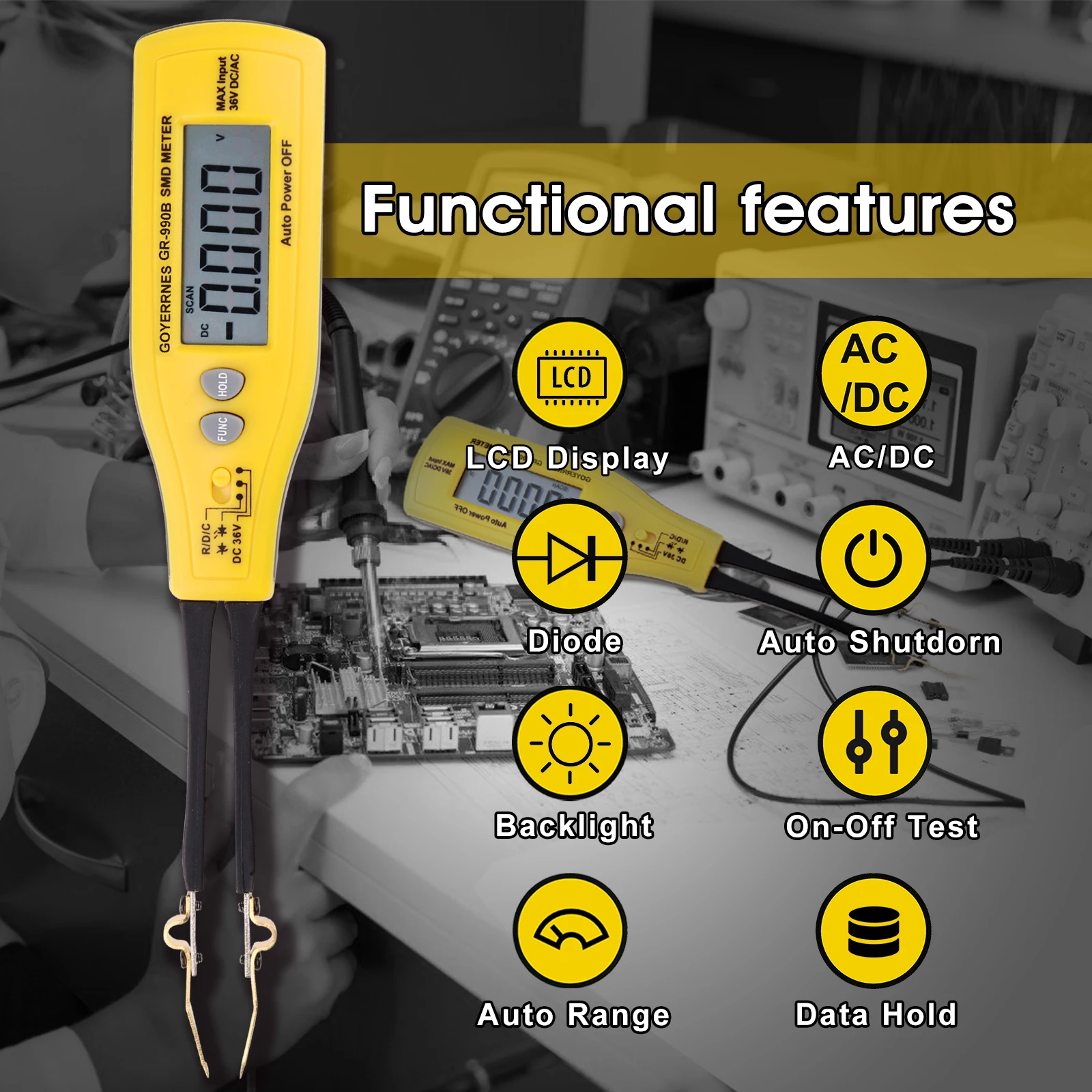 

Цифровой пинцетный мультиметр 990B SMD на 4000 измерений для измерения сопротивления, емкости, напряжения, с автоматическим выбором диапазона, идеально подходит для промышленного применения
