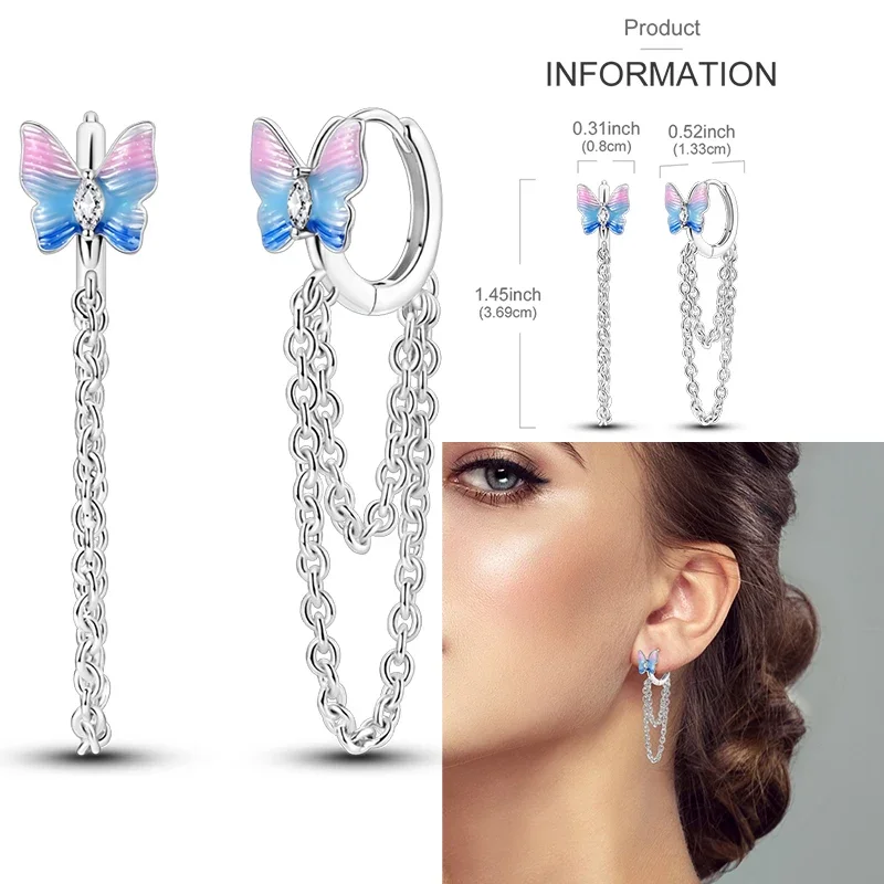 Hoop Earring 925 Sterling Silver Woman Earring Moon Star Geometric Snake Bone Chain Double Butterfly Chain Earrings Jewelry Gift