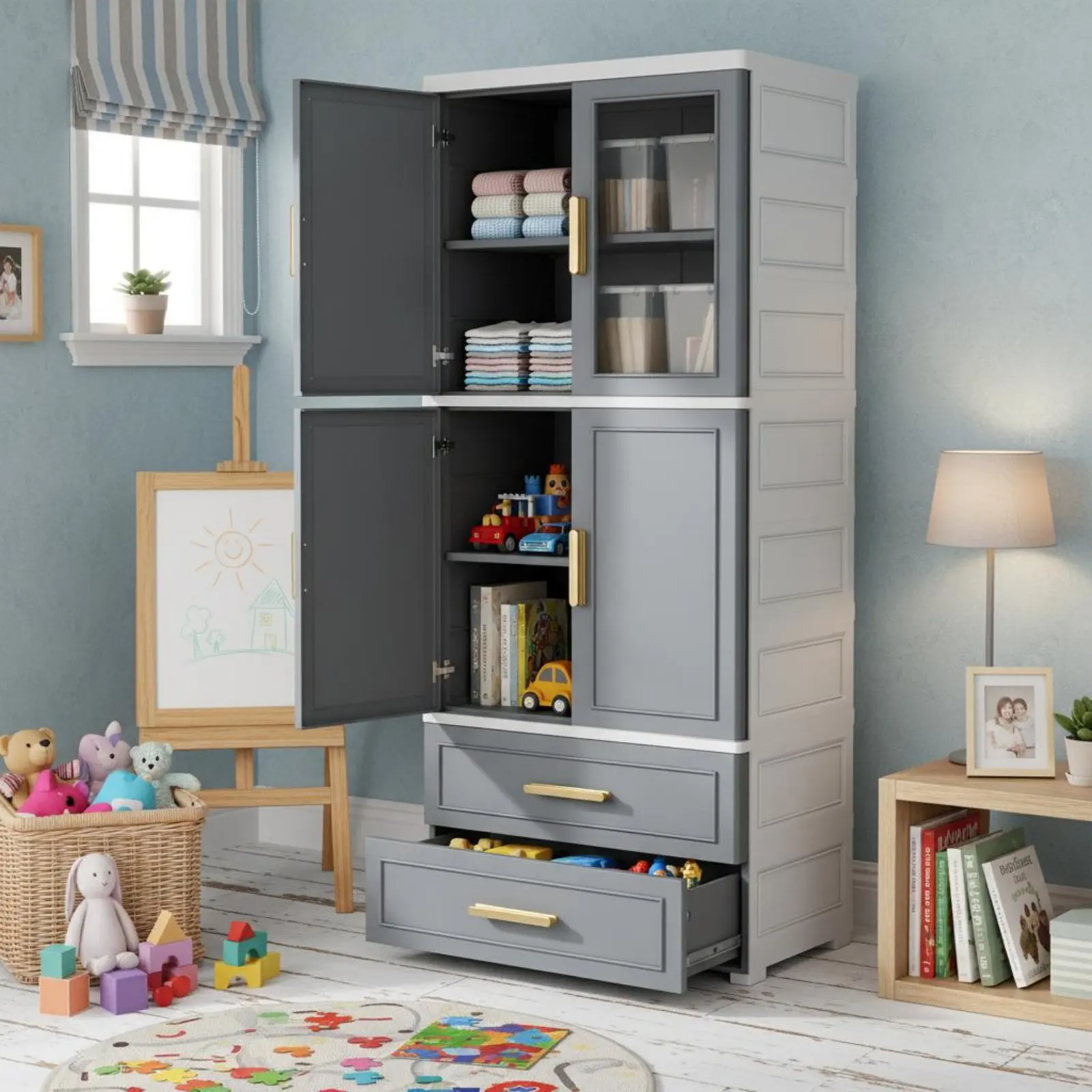 

Kids Clothes Wardrobe Large Capacity Freestanding Baby Clothes Cabinet Double Door Storage Cabinet Child-Safe for Living Room
