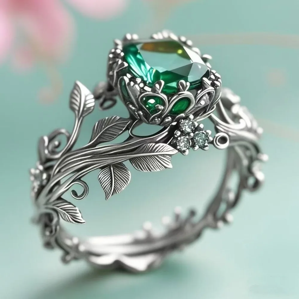 Temperament Retro Green Crystal Hollowed-out Totem Vine Leaves Rings Women's Creative Charm Stainless Steel Finger Jewelry Gift