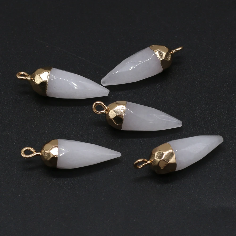 New 2pcs Natural White Jades Pendant Charms Cone Shape Agates Stone Pendant Charms for Jewelry Making DIY Necklace 8x25mm