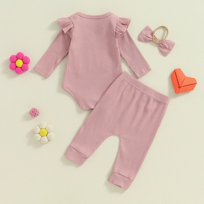 Auntie Baby Clothes Girl Fall Winter Ribbed Knit Outfit Long Sleeve Romper Bodysuit Bow Pants Headband Set