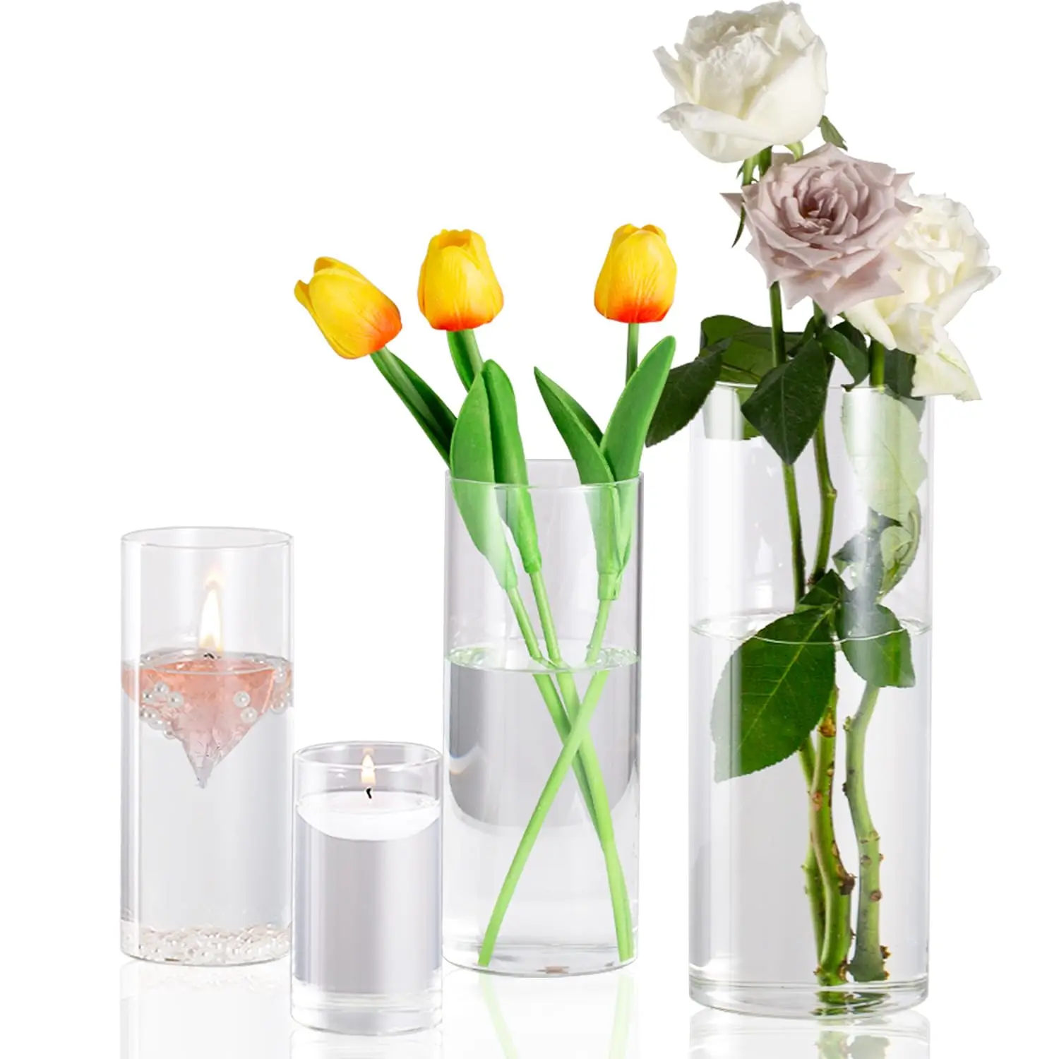Clear Glass Cylinder Vases 4/6/8/10 Inch Tall Wedding Centerpieces Hurricane Candle Holder Table Shelf Decor 4 Pack, Customized