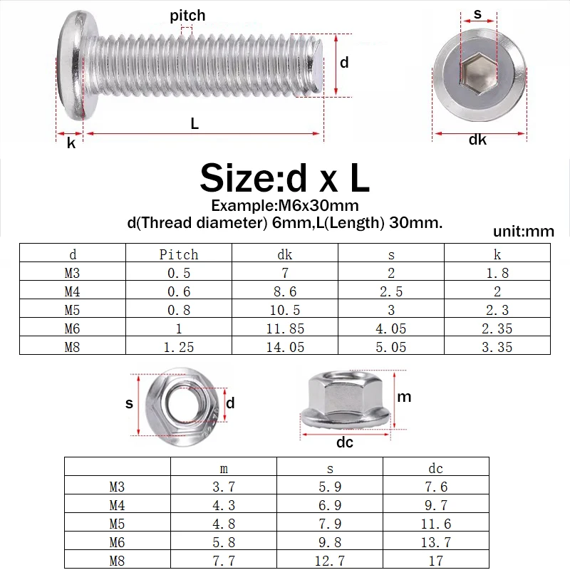 M3 M4~m12 304 Stainless Steel Large Flat Hex Hexagon Socket Allen Screw&nuts Sets For Furniture Connector Joint Bolt