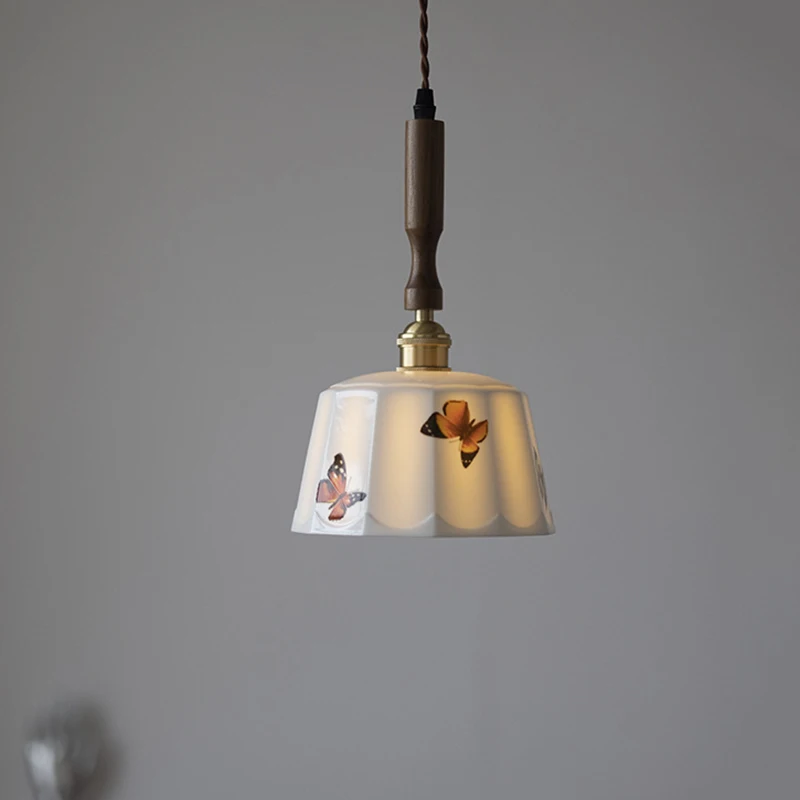 Japanese Maple Leaf Feather Butterfly Pendant Light Bedroom Bedside Porch Homestay LED E27 Retro Glazed Ceramic Hanging Lamp