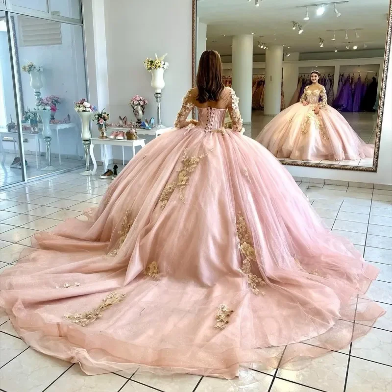 ANGELSBRIDEP-Vestidos De Quinceañera De manga larga, vestido De baile De quinceañera, dorado Apliques De encaje, vestido De flores en 3D, vestido De 15 Años, dulce 16