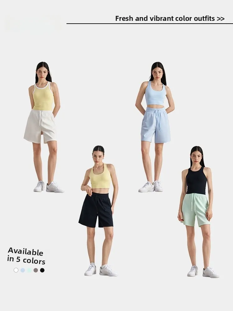 Calças de fitn femininas soltas cintura alta dstring ao ar livre casual calças de corrida cinco quartos comprimento spor calças de perna reta