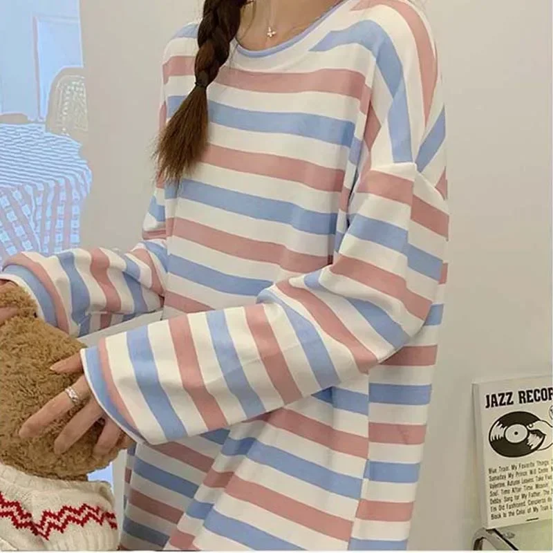 Piece Nightgown 2023 Dress Loose Nightwear In Women Striped Night New Pajamas Woman Home One Long Sleepwear Casual Autumn Sleeve