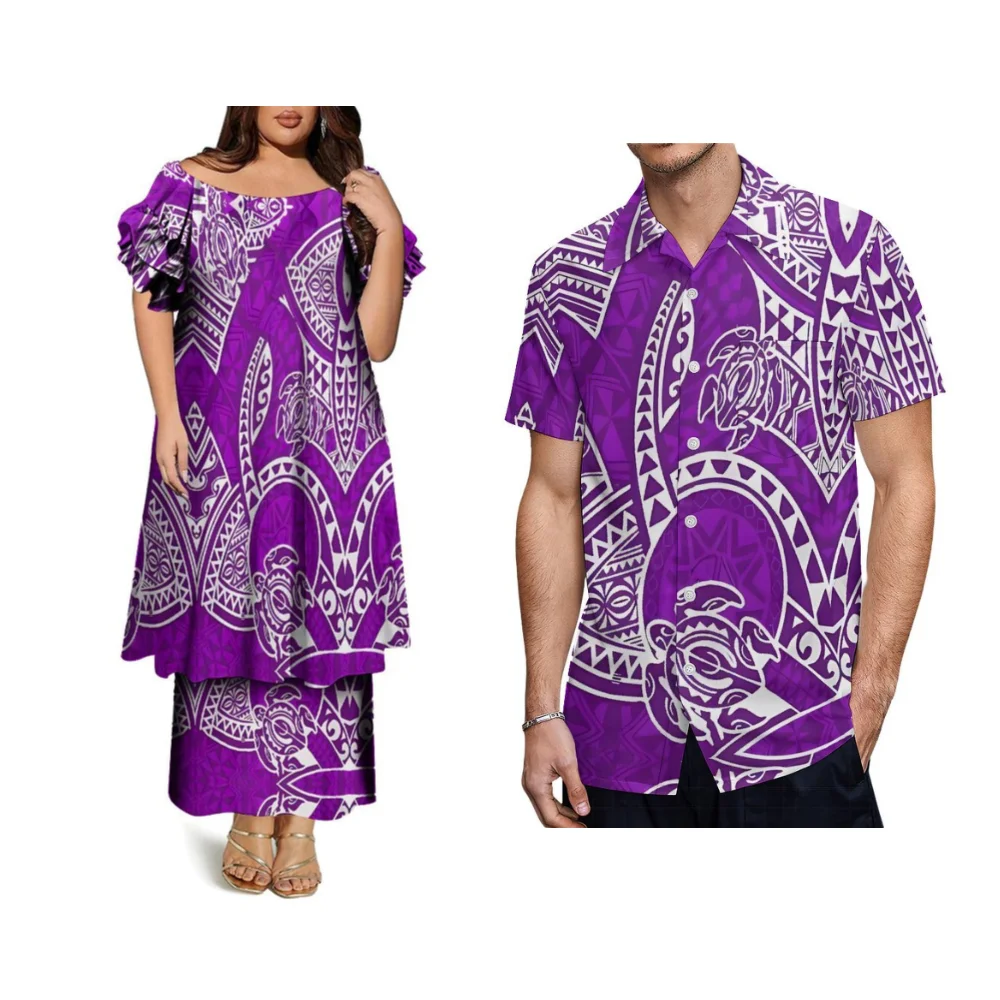 Summer Polynesian Custom Round-Neck Butterfly-Sleeve Double-Layer Skirt Set Puletasi Couple Women'S Dress Men'S Casual Shirt