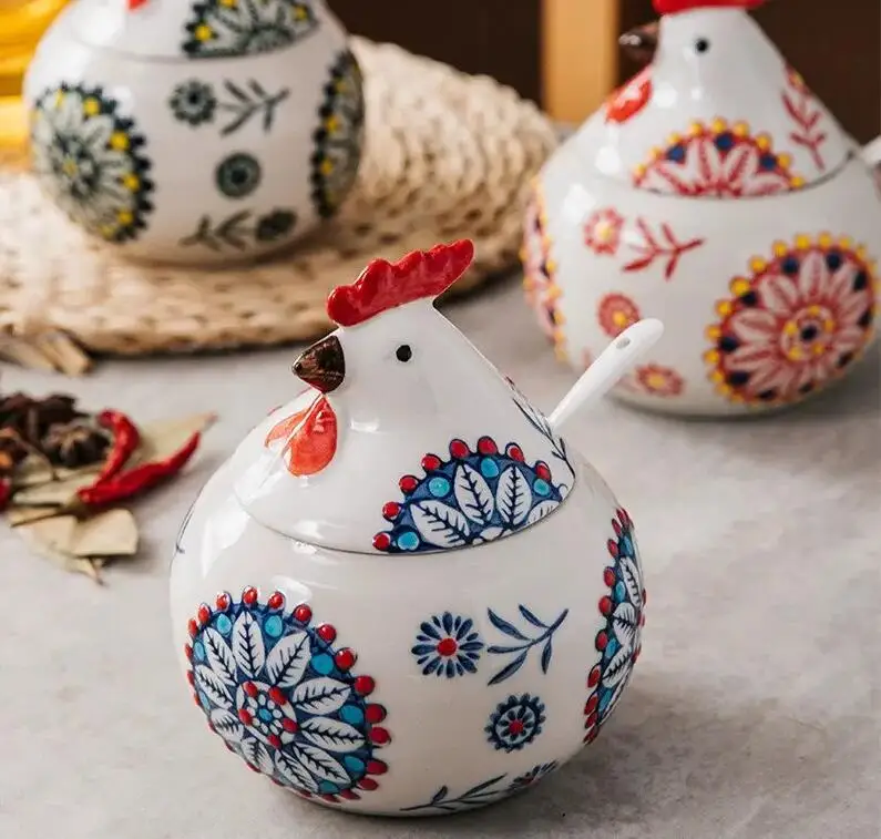 

Банка для приправ с петухом, керамическая банка для специй с крышкой, кухонная банка для соли, сахара, перца, скандинавские бытовые инструменты