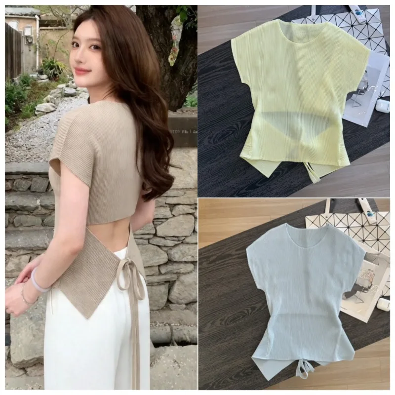 Miyake Pleated Short Sleeve T-Shirt Women 2026 Summer New Slim Fit Versatile Age-Reducing Tie Top Women's Short Sleeve T-Shirt